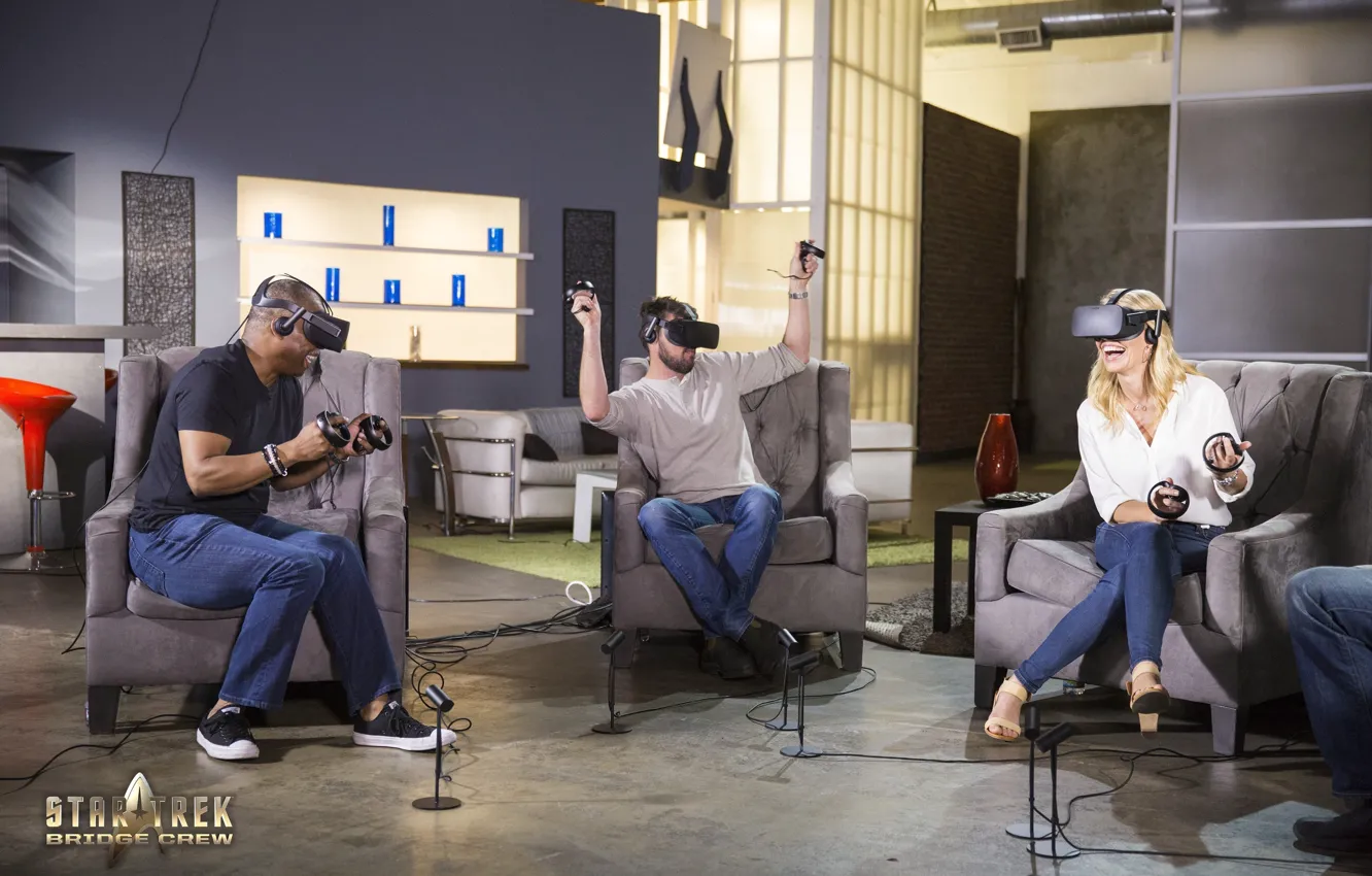 Photo wallpaper girl, game, Star Trek, woman, Ubisoft, man, blonde, funny