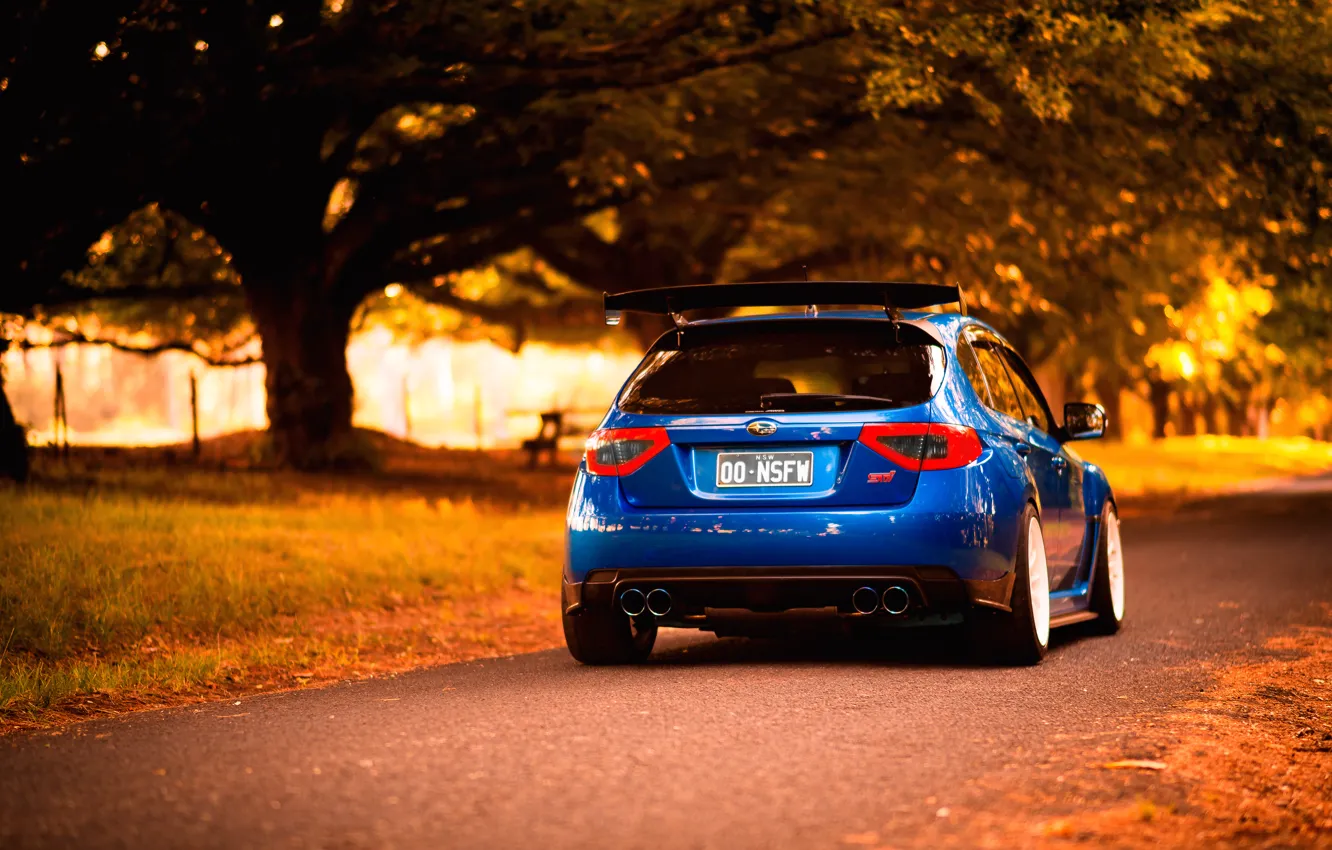 Photo wallpaper autumn, Subaru, Impreza, STI, blue, Subaru, Impreza