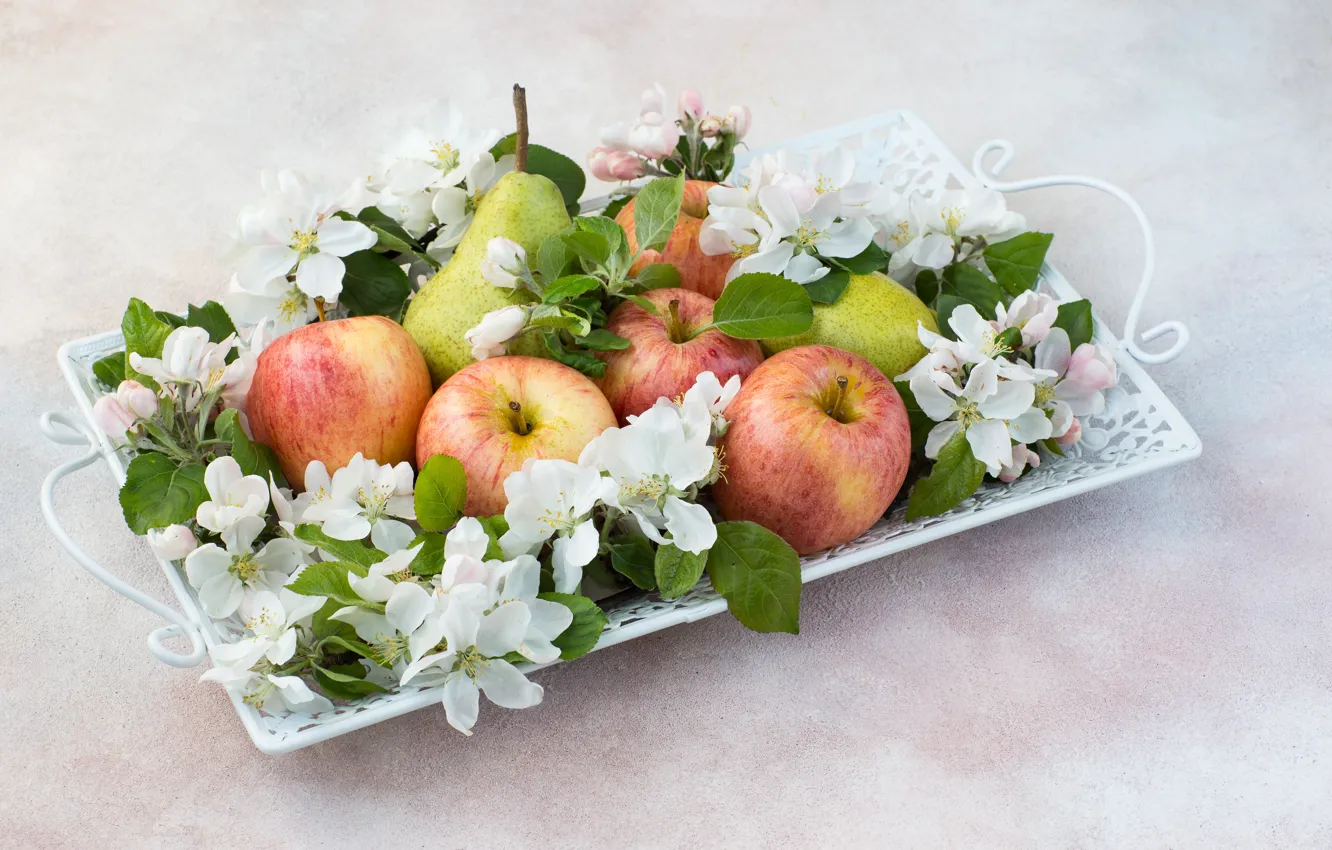 Photo wallpaper flowers, apples, plate, pear, Julija Vilvarin