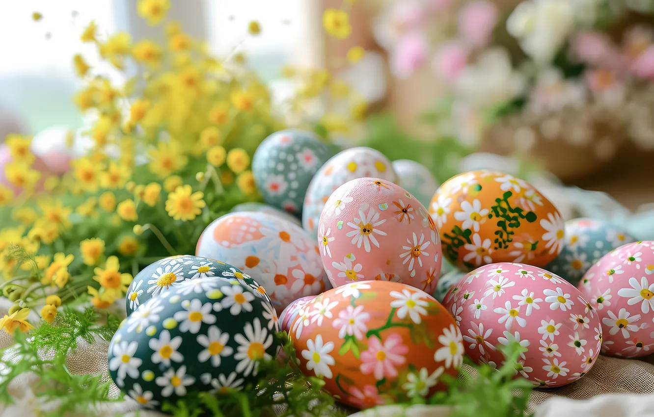 Photo wallpaper flowers, eggs, spring, colorful, Easter, flowers, spring, Easter