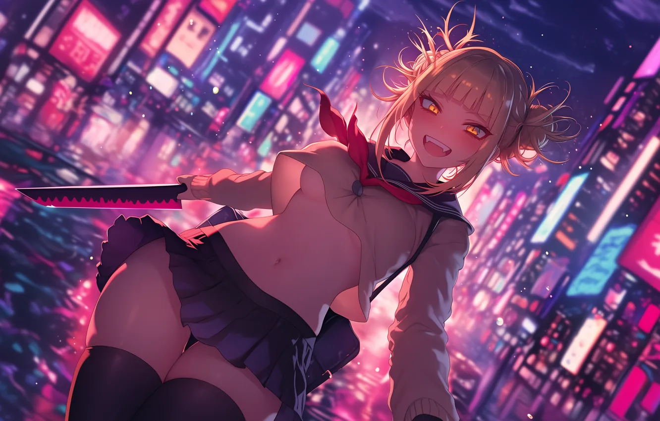 Photo wallpaper anime, art, wallpaper, night city, Neon, night city, My hero Academy, Himiko