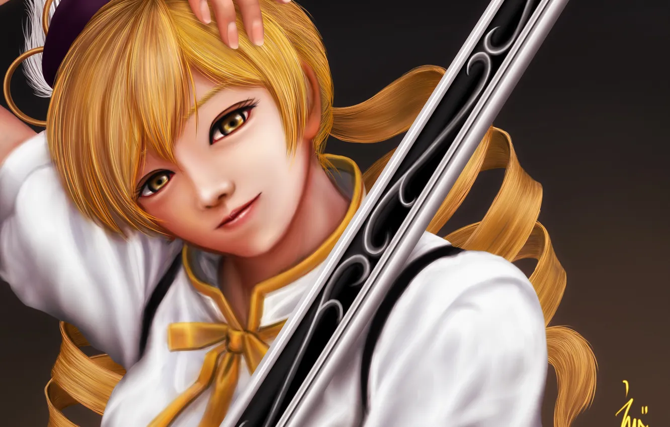 Photo wallpaper look, girl, weapons, art, muskets, mahou shoujo madoka magica, Tomoe Mami, eeotoko