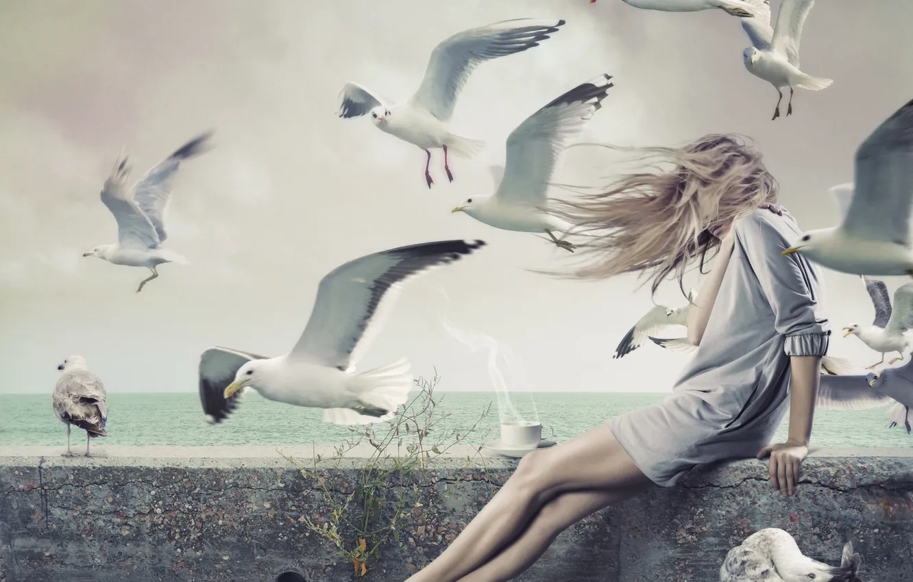 Photo wallpaper girl, the wind, seagulls, blonde, Cup, the parapet, smoke