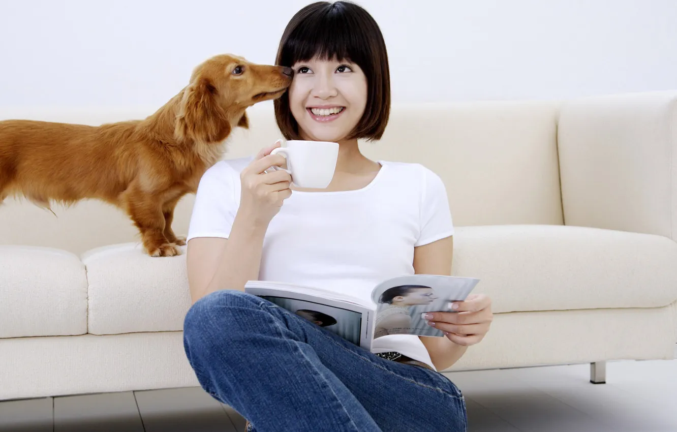 Photo wallpaper girl, sofa, Dachshund, journal