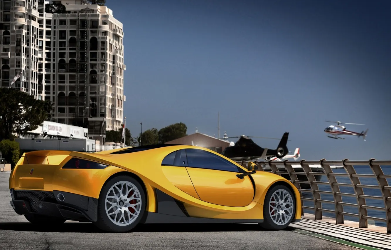 Photo wallpaper the sky, yellow, house, shore, supercar, rear view, GTA, helicopters