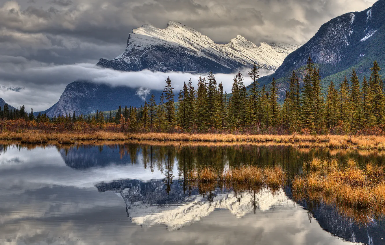 Photo wallpaper autumn, the sky, clouds, snow, trees, mountains, lake