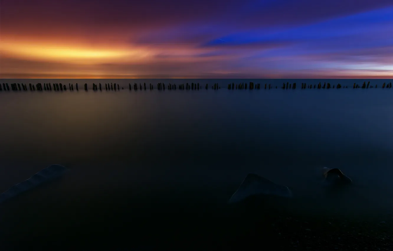 Photo wallpaper the sky, landscape, sunset, night, the ocean, piles