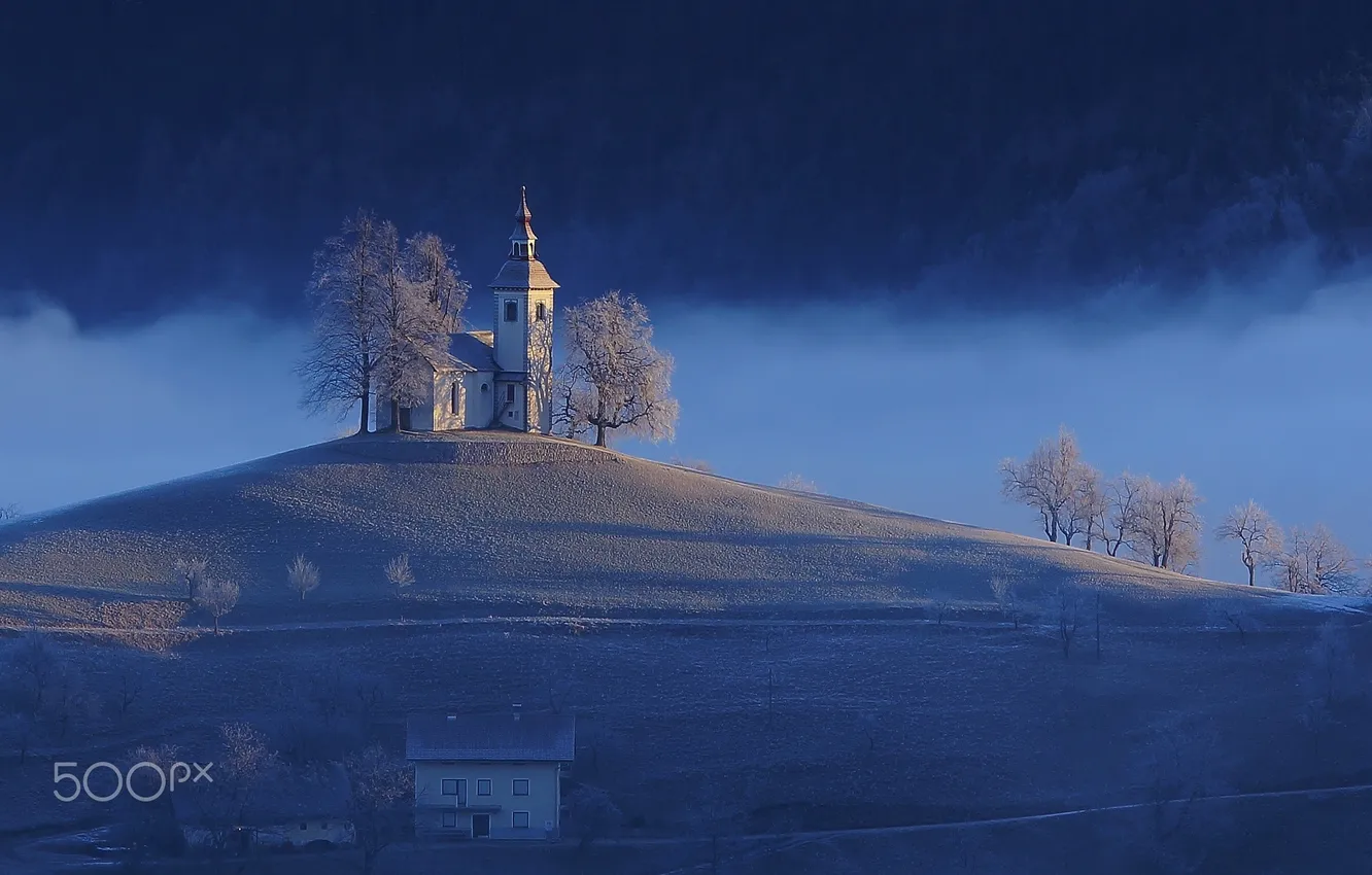 Photo wallpaper frost, snow, nature, hills, chapel