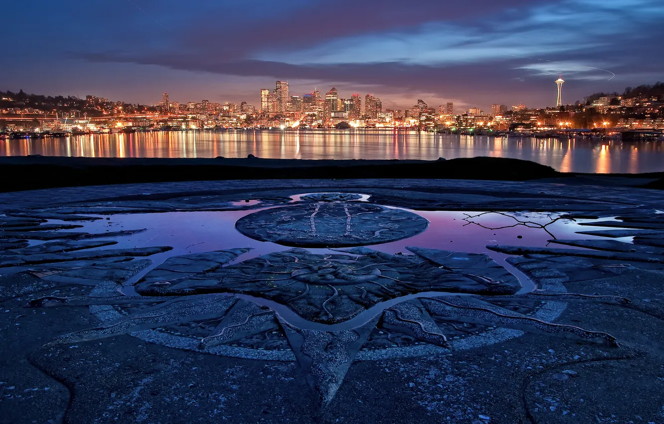 Photo wallpaper sea, sunset, lights, Seattle, USA