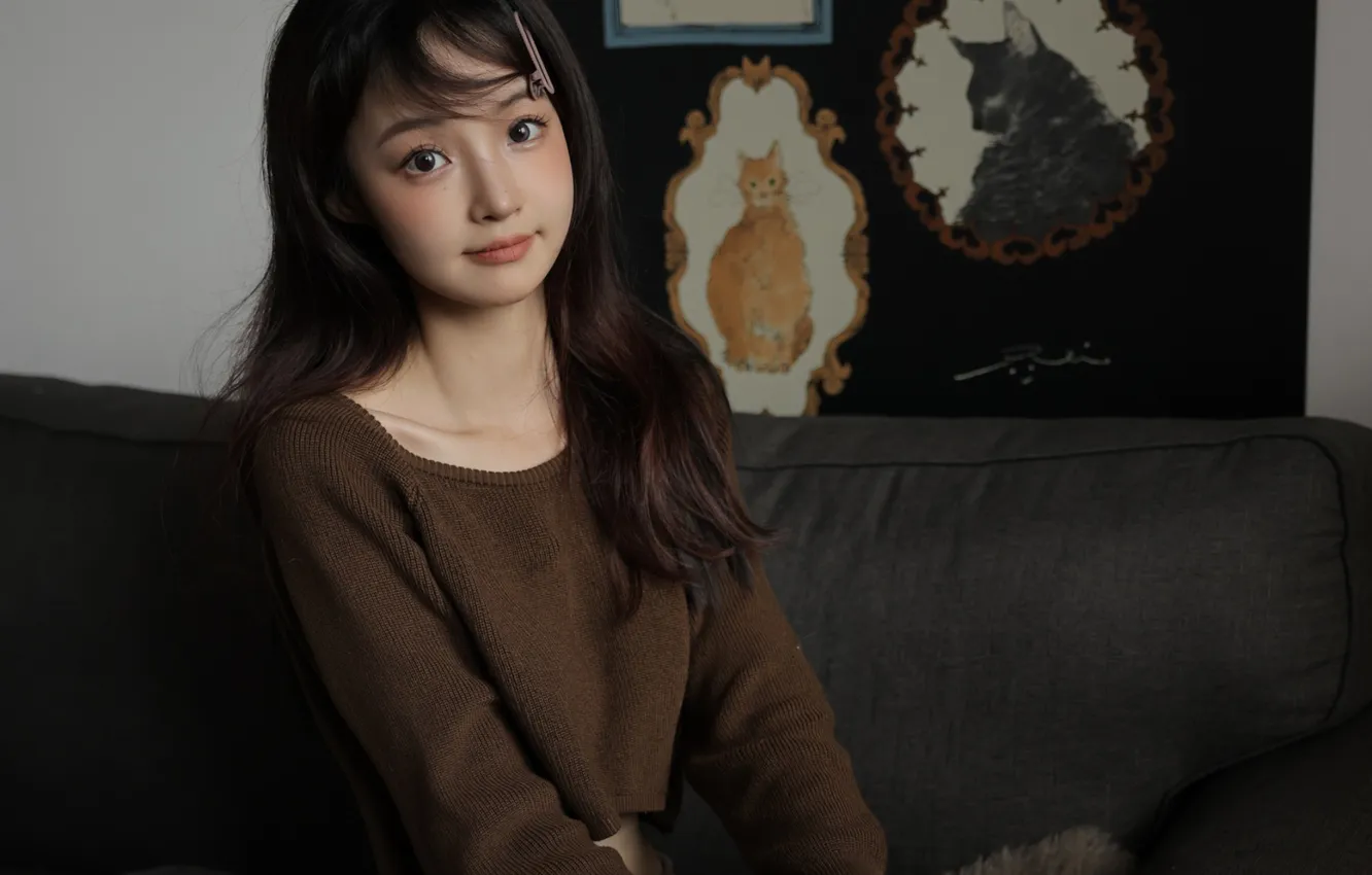 Photo wallpaper woman, smile, beautiful, model, pretty, asian, sofa, cute