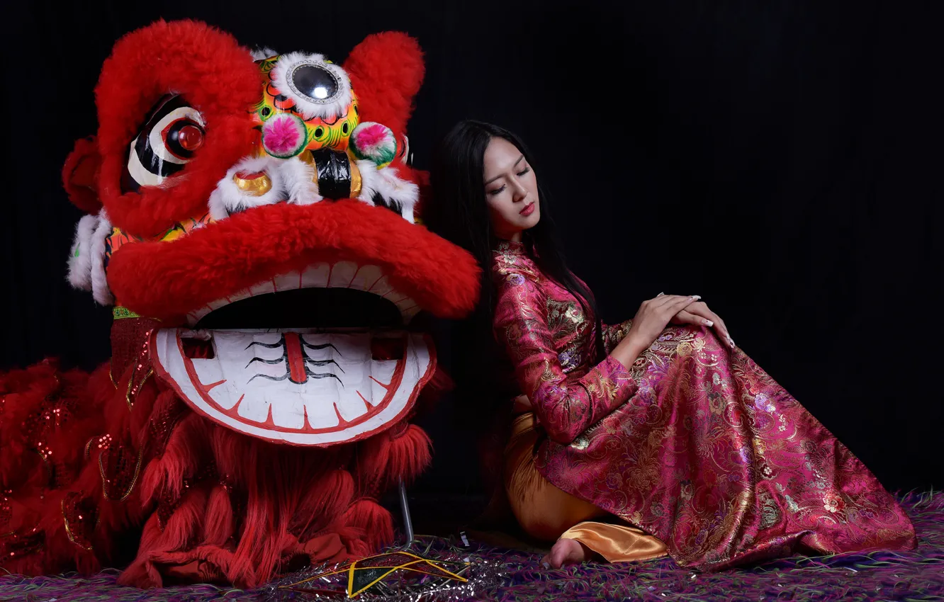 Photo wallpaper girl, dragon, dress, Asian