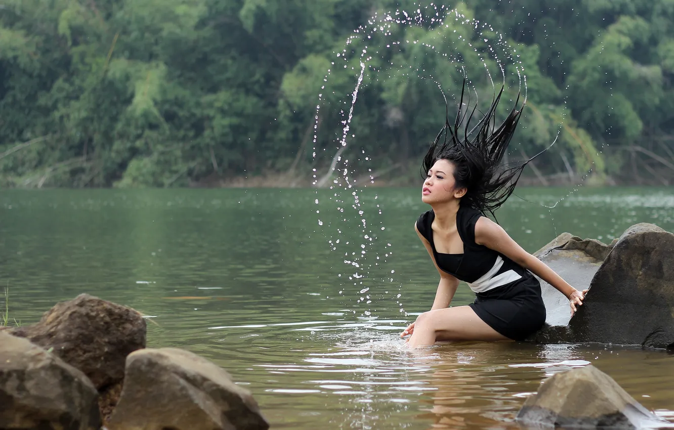 Photo wallpaper forest, girl, nature, lake, hair, Asian, photoshoot, water splashes