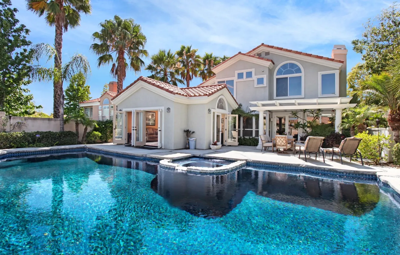 Photo wallpaper house, palm trees, Villa, pool, sun loungers