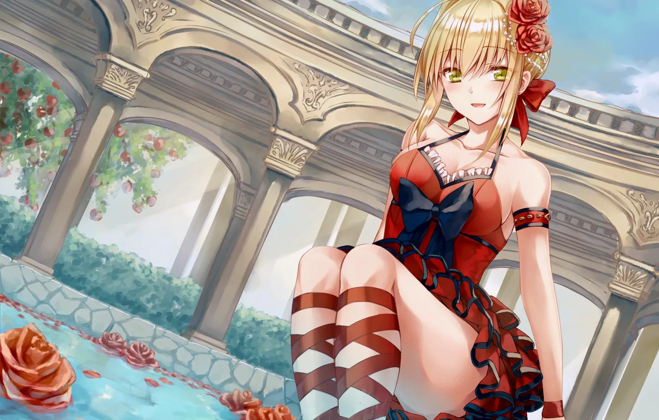 Photo wallpaper girl, pool, Fate/Stay Night, dress, anime, flowers, blonde, bow