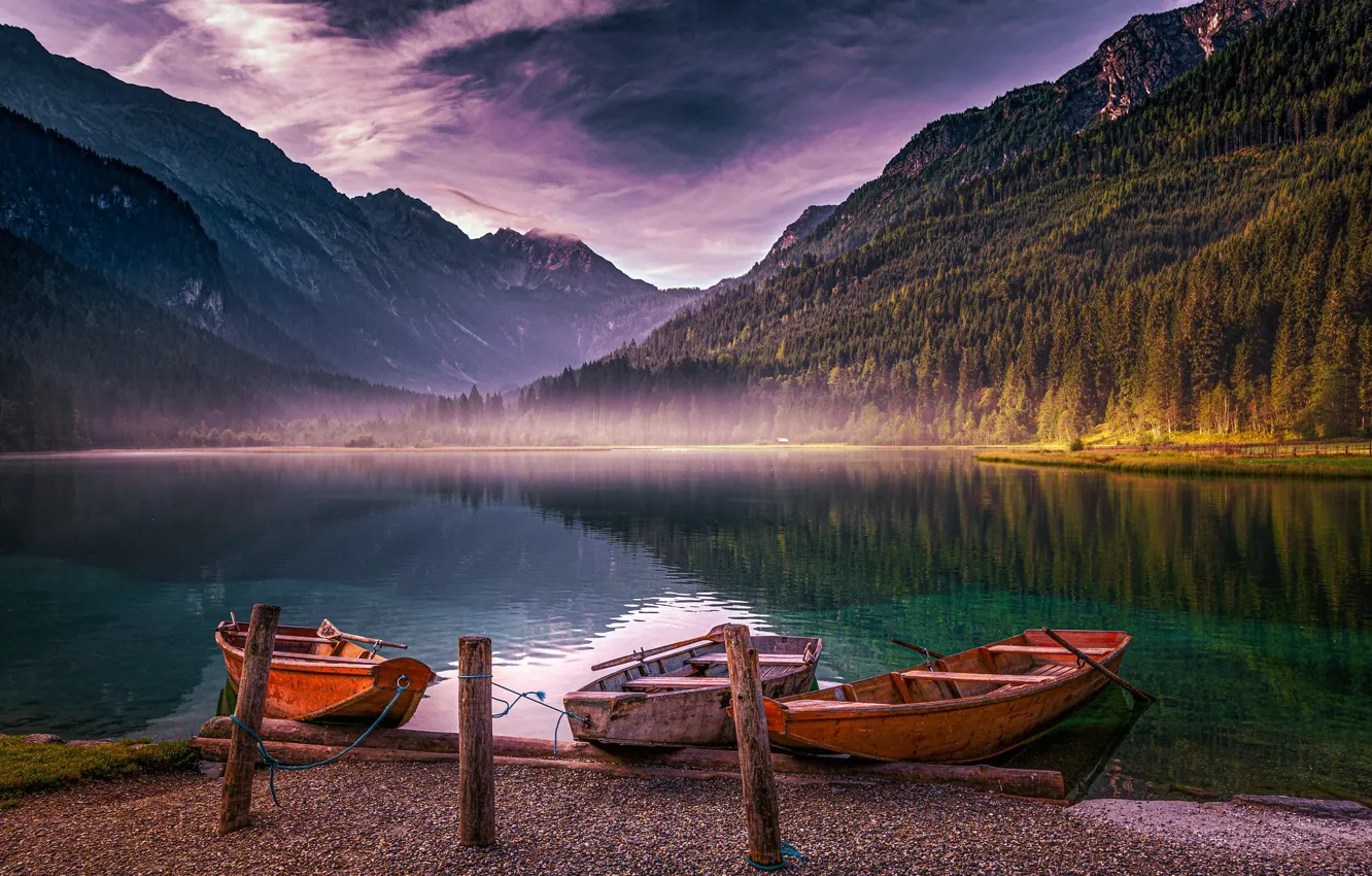 Photo wallpaper mountains, lake, boats, Austria, Alps, Austria, Alps, Jägersee