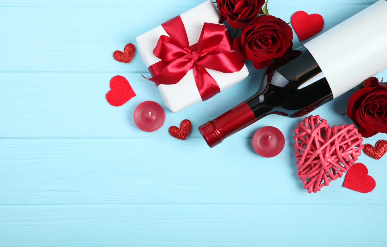 Photo wallpaper love, flowers, gift, wine, romance, heart, roses, love
