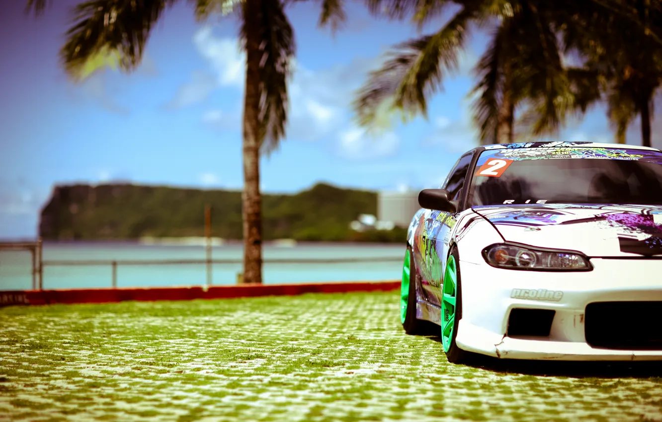 Photo wallpaper sea, the sun, palm trees, tuning, white, S15, Silvia, Nissan