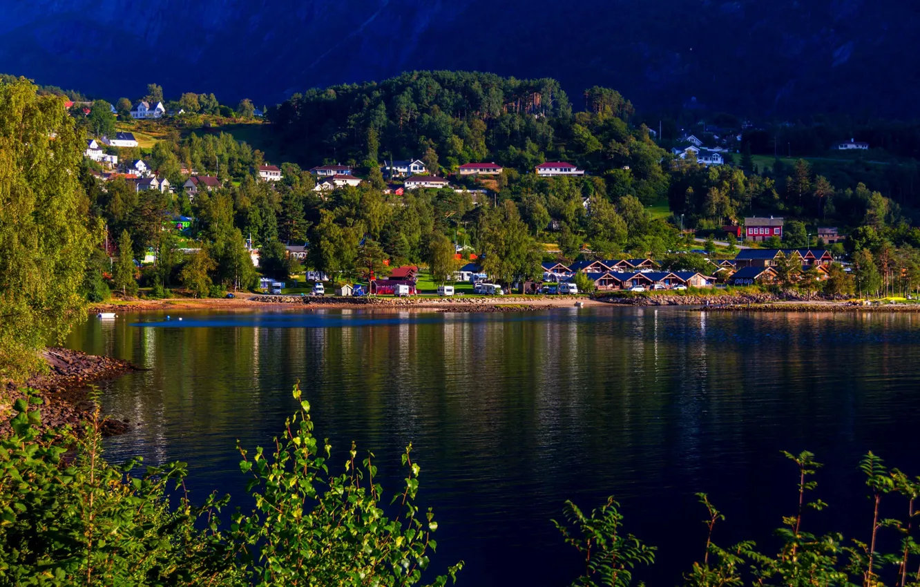 Photo wallpaper photo, Home, The city, Village, Bay, Norway, Hardangerfjord, Kinsarvik