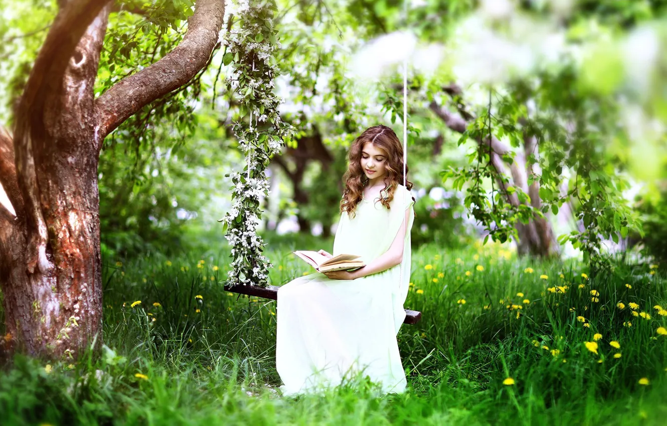 Photo wallpaper grass, girl, trees, flowers, nature, spring