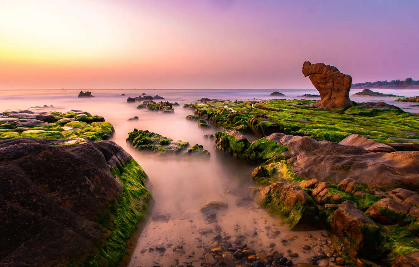 Photo wallpaper sea, the sun, light, stones, rocks, dawn, shore, morning