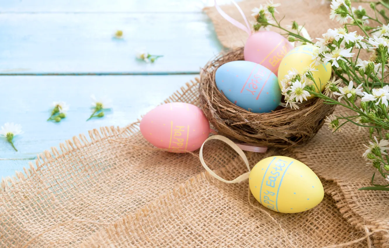 Photo wallpaper flowers, basket, eggs, spring, colorful, Easter, wood, pink