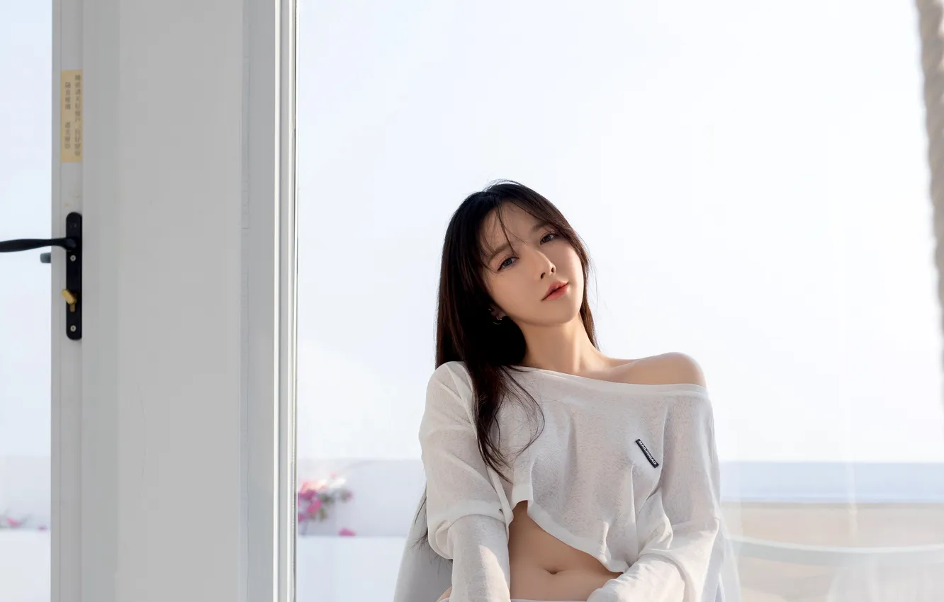 Photo wallpaper girl, model, brunette, asian, belly, white top, tummy, portrait