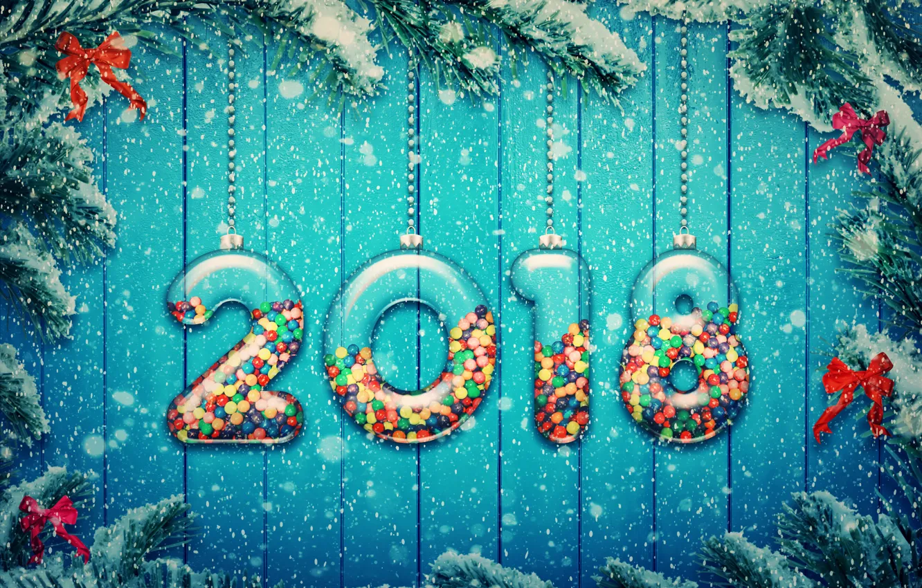 Photo wallpaper snow, decoration, tree, New Year, snow, 2018, New Year, candy