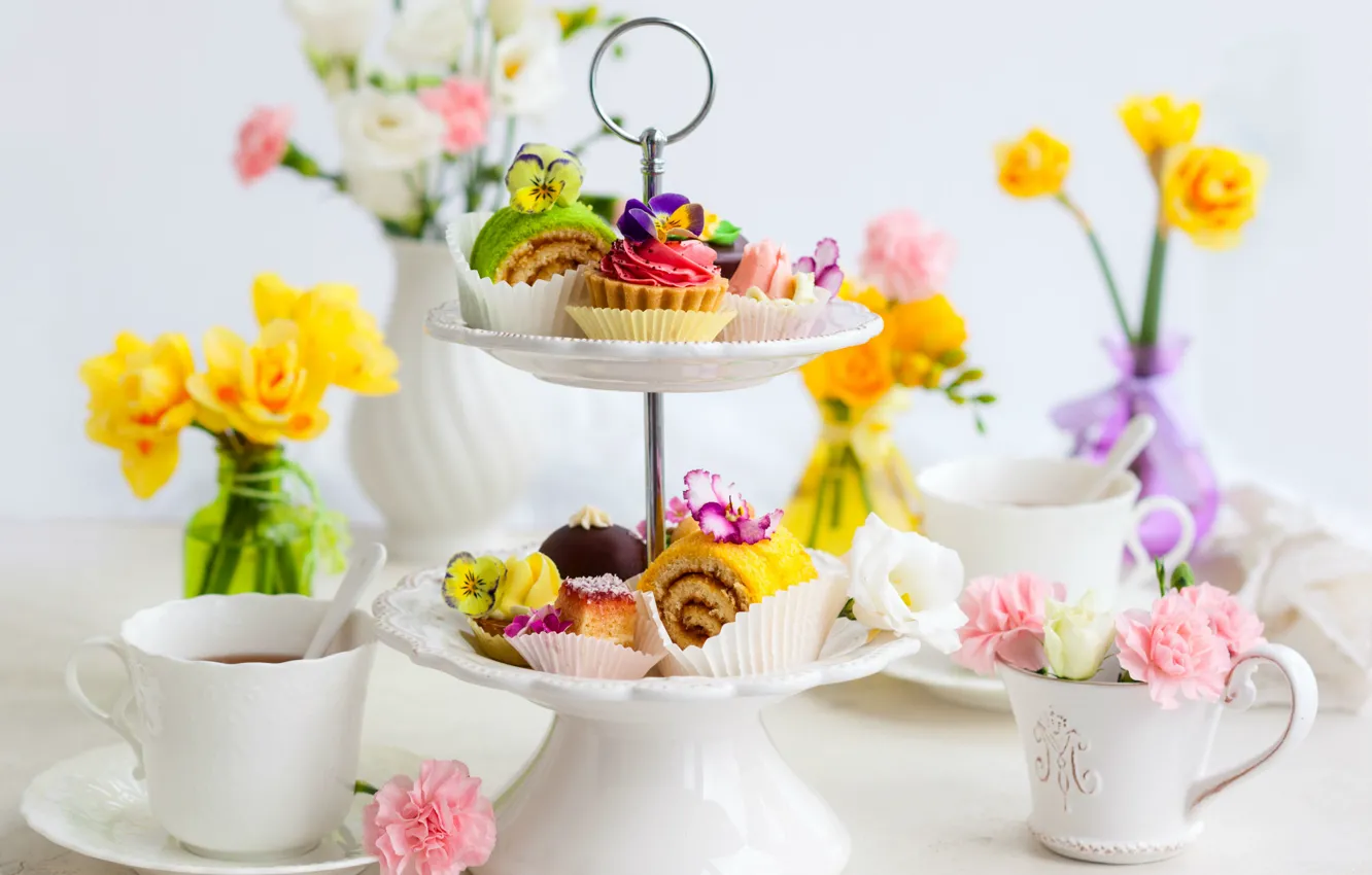Photo wallpaper flowers, tea, cakes, cakes, tea, afternoon tea, afternoon tea