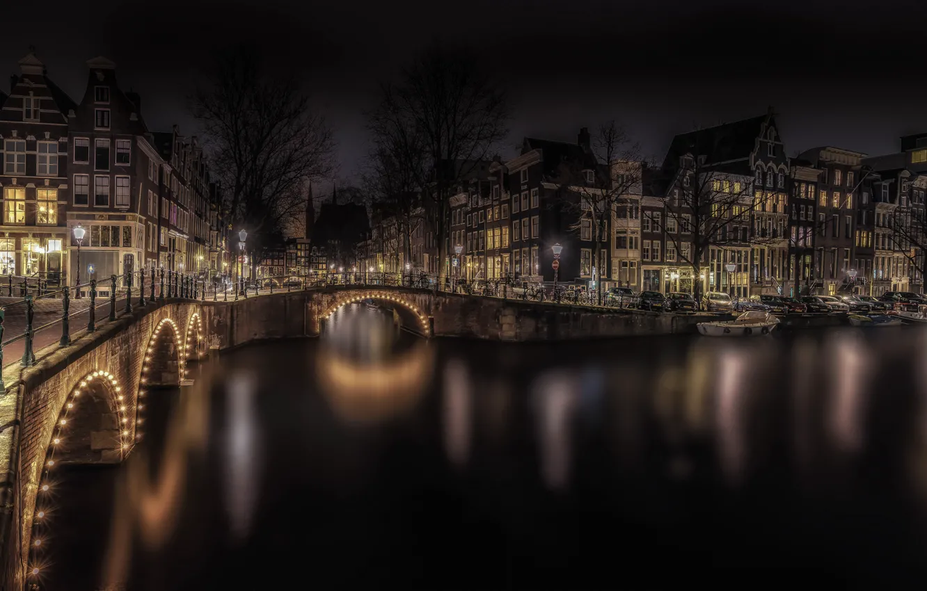 Photo wallpaper night, bridge, lights, home, Amsterdam, Netherlands