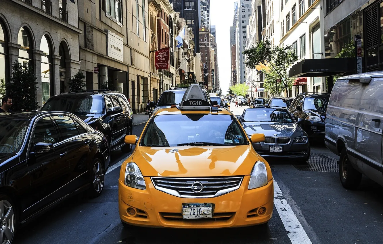 Photo wallpaper street, taxi, Nissan, car, yellow