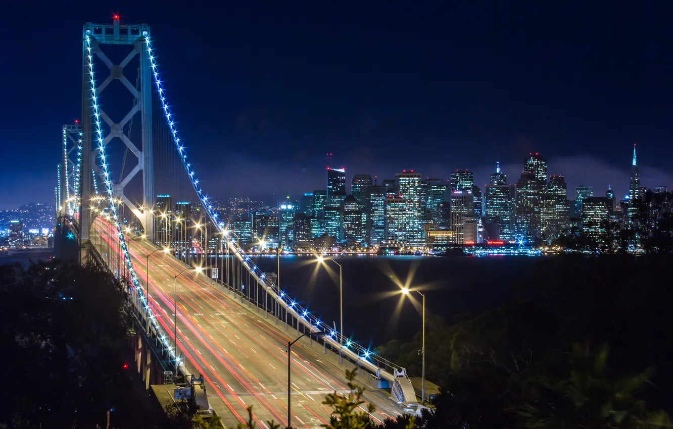 Photo wallpaper bridge, CA, San Francisco, night city, California, San Francisco, Bay Bridge, San Francisco Bay