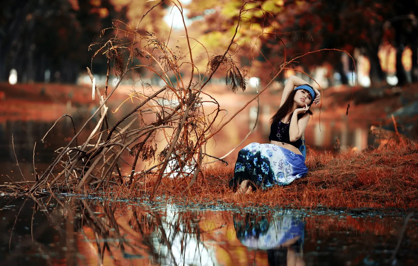 Photo wallpaper girl, nature, lake, mood