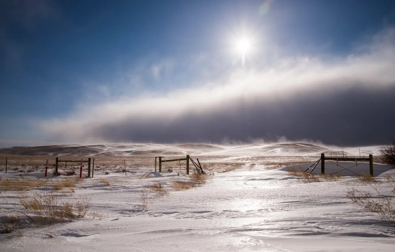 Photo wallpaper field, the sky, snow, nature, the wind