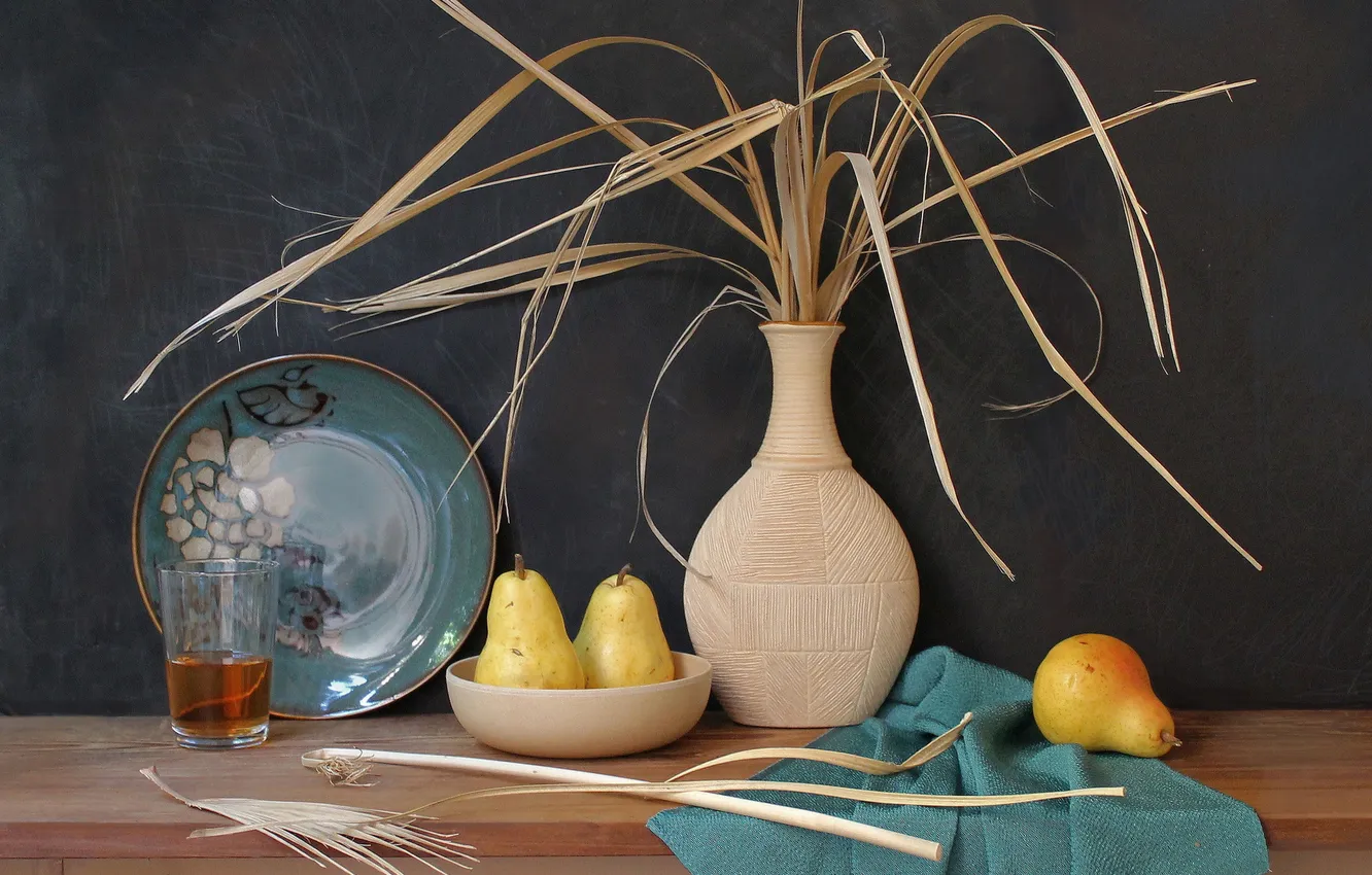 Photo wallpaper glass, juice, plate, vase, fruit, pear, a blade of grass, Dry