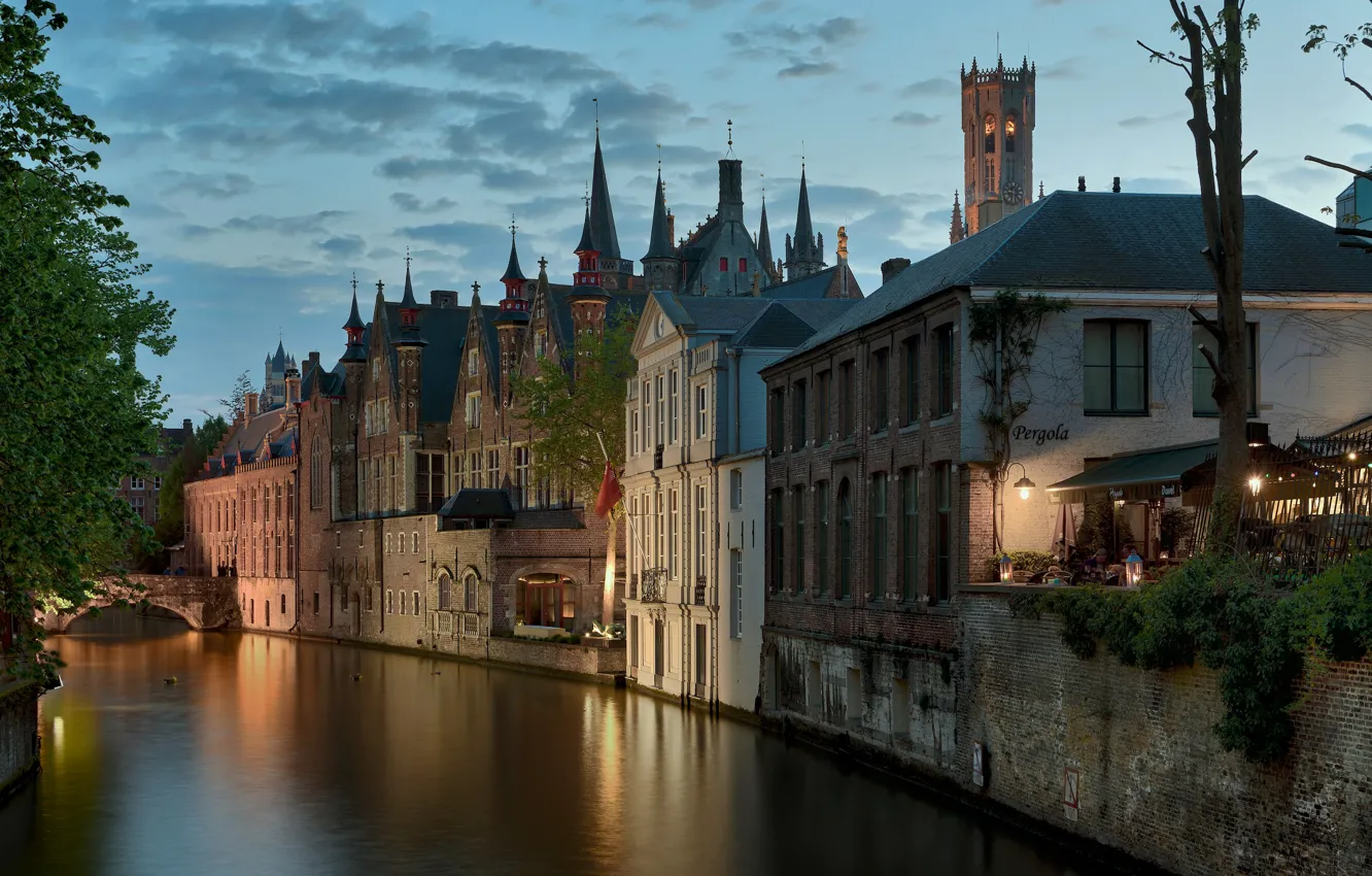 Photo wallpaper the city, home, the evening, lighting, channel, Belgium, Bruges