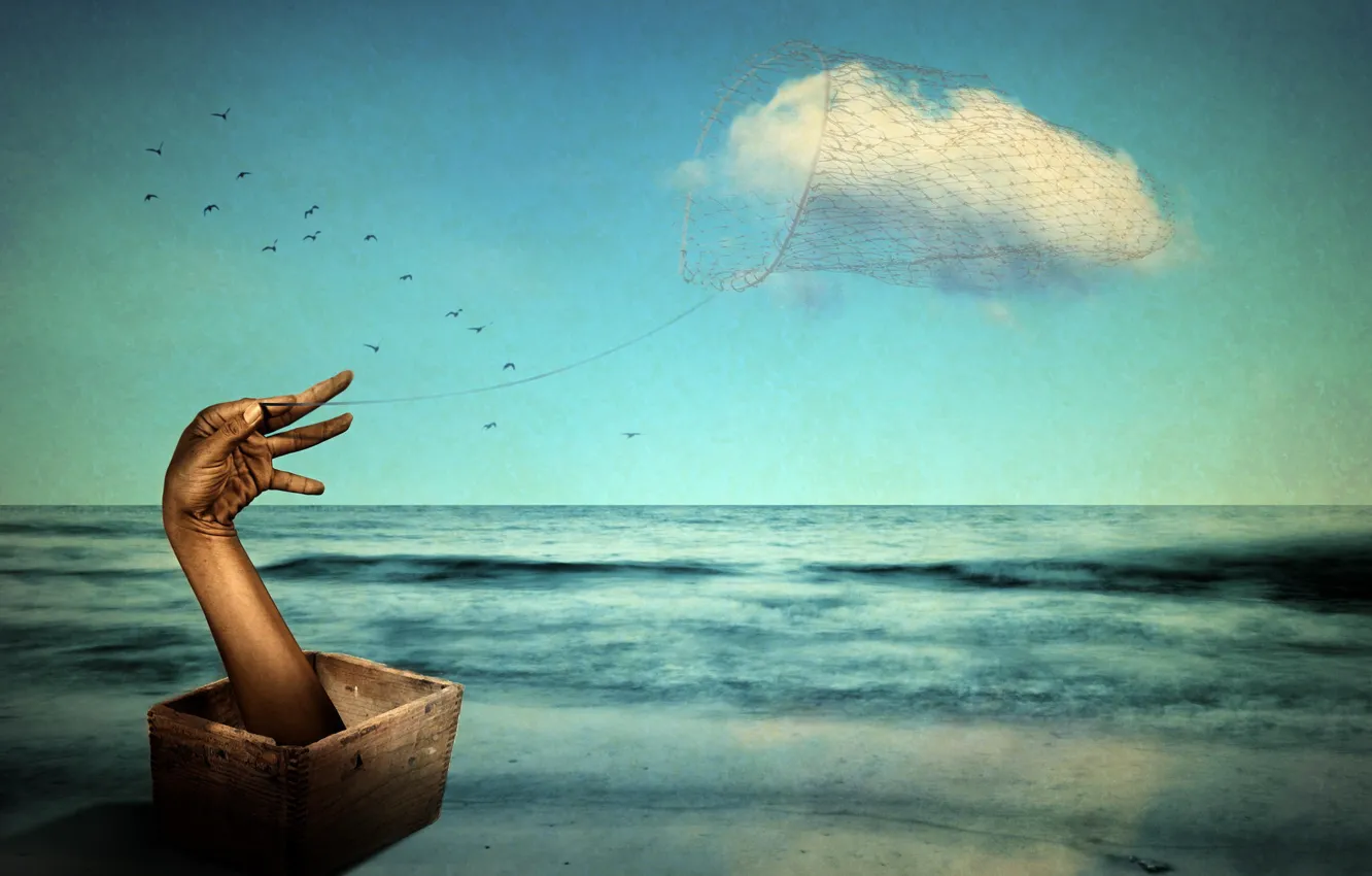 Photo wallpaper clouds, network, hands, catch