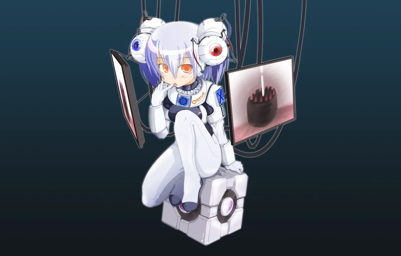 Photo wallpaper wire, strawberry, girl, cake, Portal, cube, sitting, jumpsuit