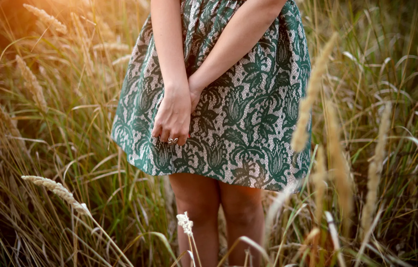 Photo wallpaper girl, hands, dress, spikelets, ring, ears