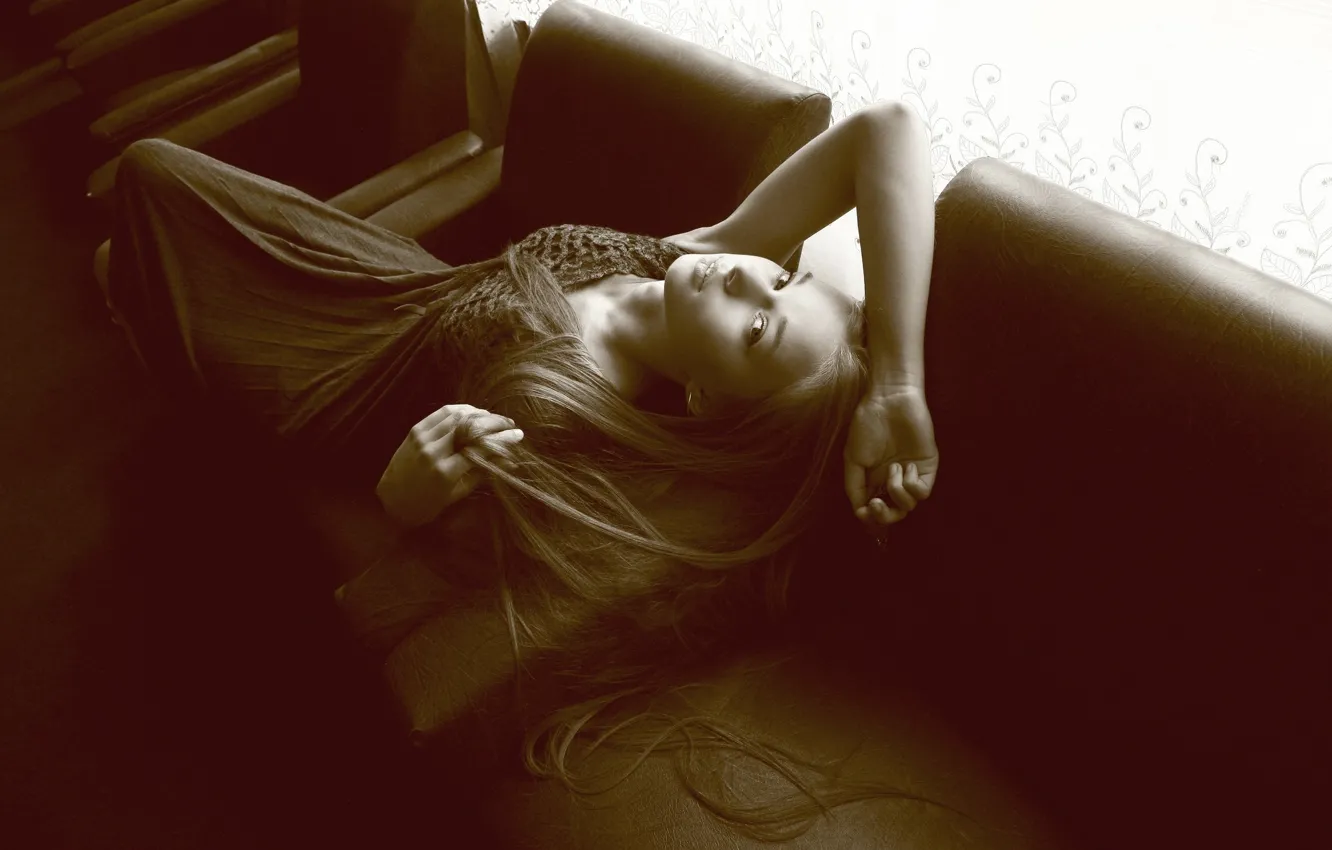 Photo wallpaper girl, chair, Sepia