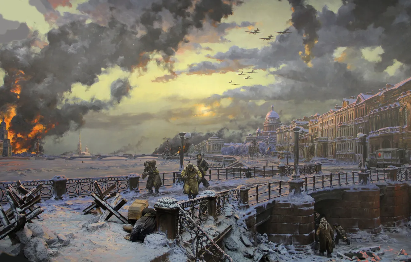 Photo wallpaper Home, Bridge, War, Street, People, Fire, Picture, Moscow