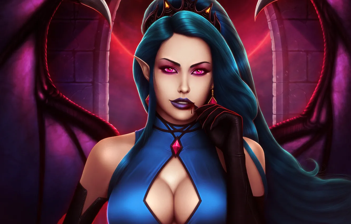 Photo wallpaper chest, look, blood, wings, dress, art, lips, vampire