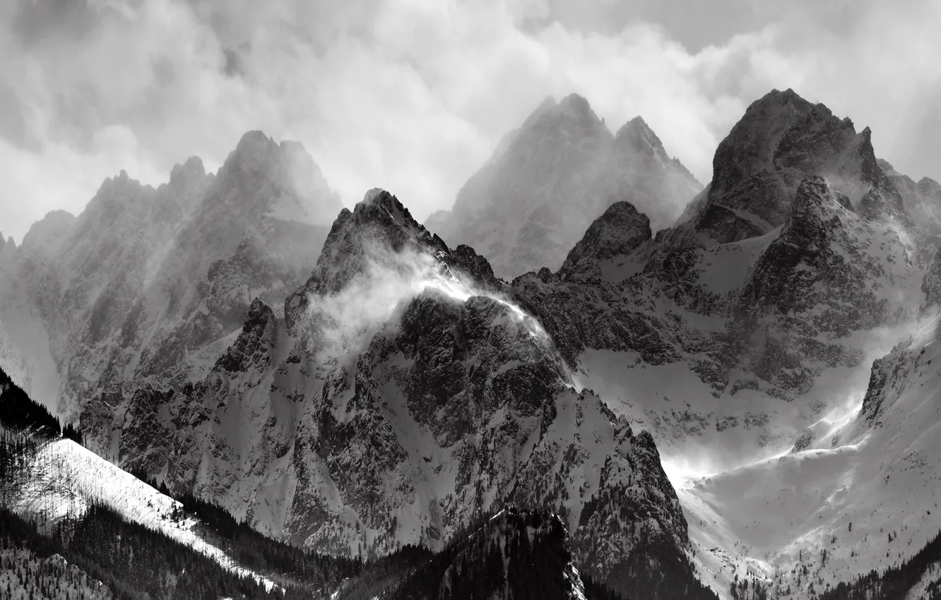 Photo wallpaper clouds, snow, black and white, Mountains