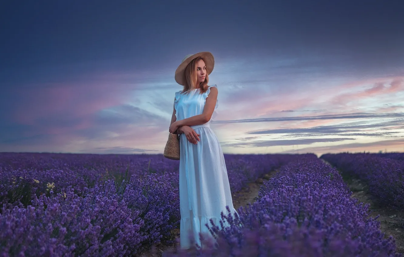 Photo wallpaper field, look, girl, dress, blonde, lavender, Gregory Levin