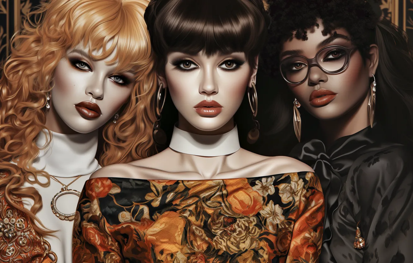 Photo wallpaper girl, portrait, makeup, trio, three girls, AI art, neural network