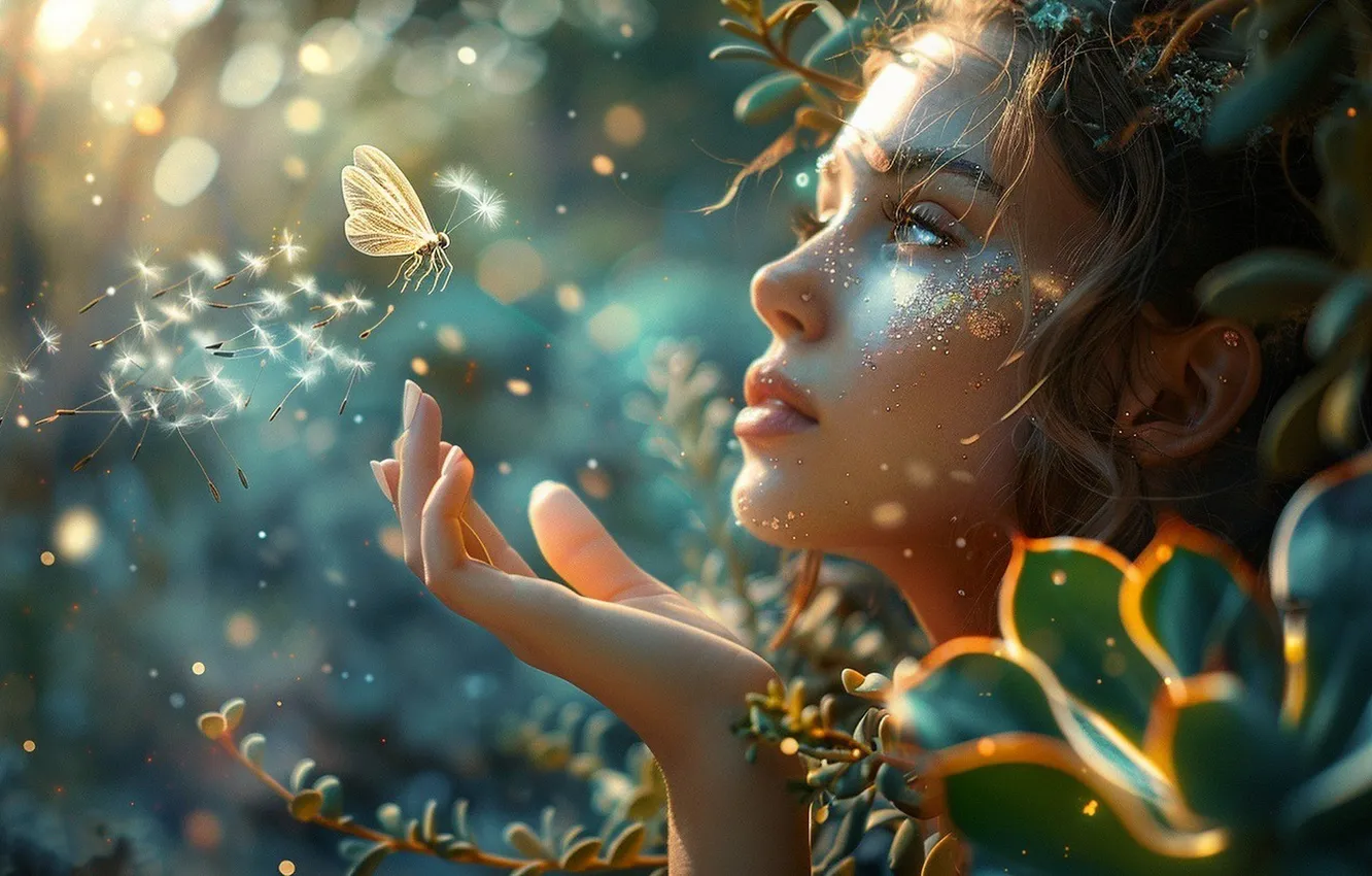 Photo wallpaper look, girl, light, flowers, pose, fantasy, butterfly, hand
