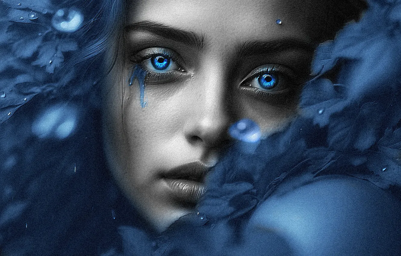 Photo wallpaper look, girl, close-up, face, portrait, feathers, tears, monochrome