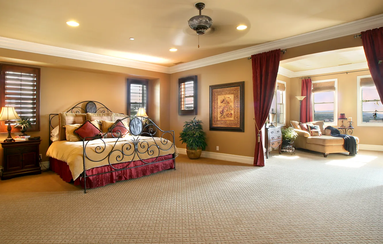 Photo wallpaper design, bed, beautiful, curtains, mansion, Design, bedroom, lamps
