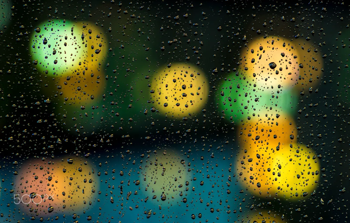 Photo wallpaper wet, glass, drops, macro, lights, bokeh