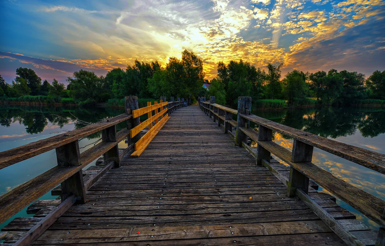 Photo wallpaper sunset, bridge, lake, pond, the evening