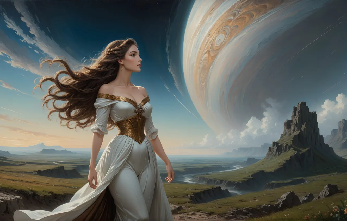 Photo wallpaper girl, landscape, planet, fantasy, Jupiter